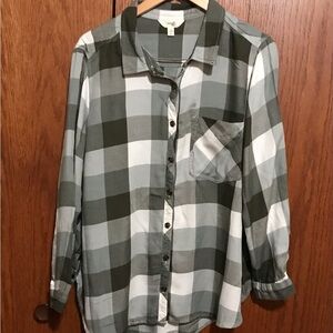 Terra & Sky Size 2X Black and White Checkered Shirt Button Up Top Blouse Pocket